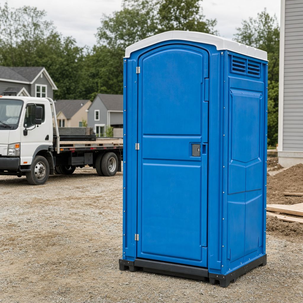 Delivery driver positioning a clean royal-blue portable toilet on level ground at a Lafayette worksite