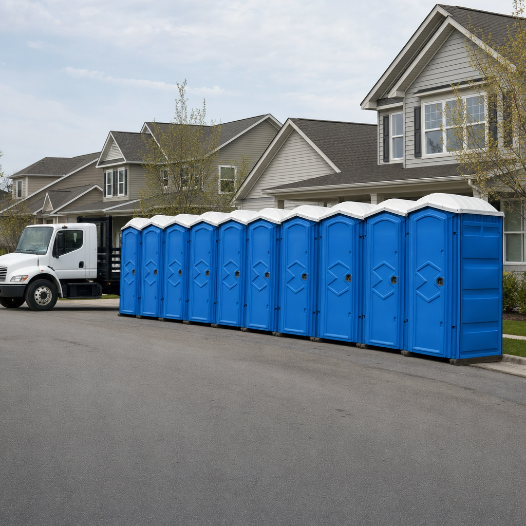 Royal blue portable toilets staged in a tidy row at a Lafayette jobsite, ready for delivery